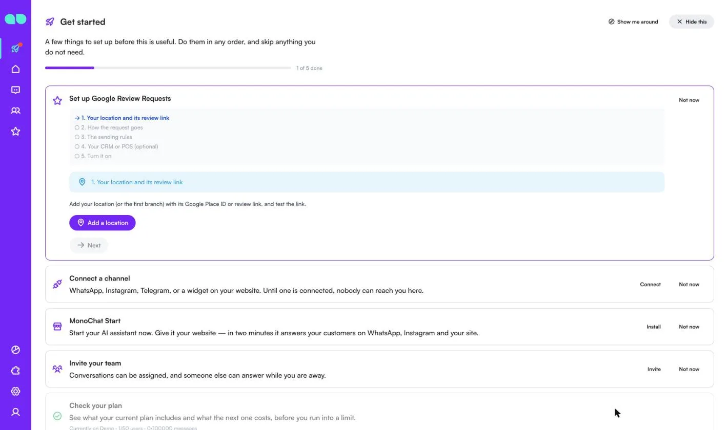 Set up Google Review Requests card on the Get started tab with the five steps and the Add a location button