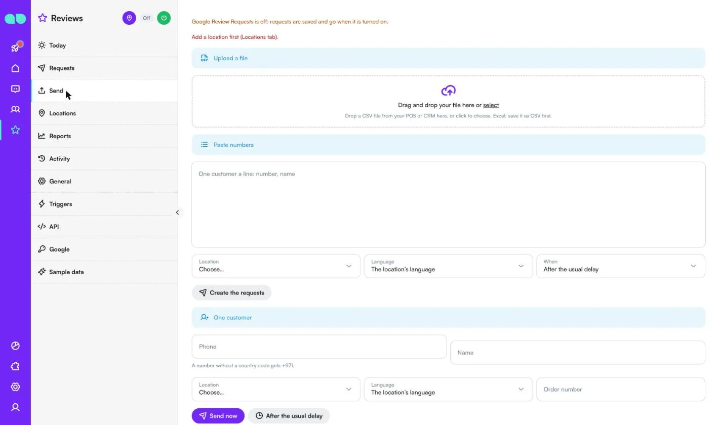 Send screen with the CSV upload area, the pasted list with location, language and timing, and the one customer form