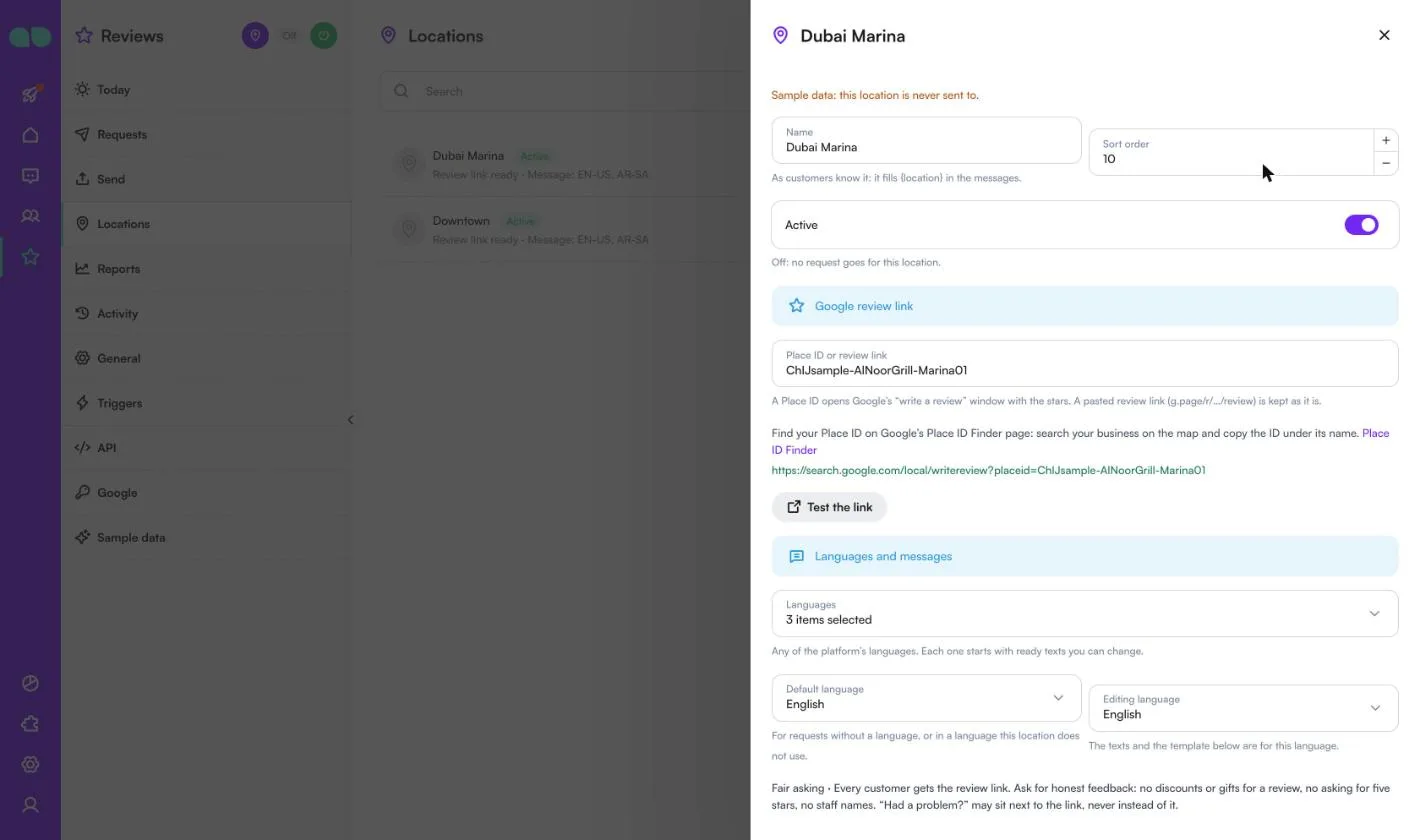 Location form with the name, sort order, Active switch, the Place ID and the generated review link with Test the link