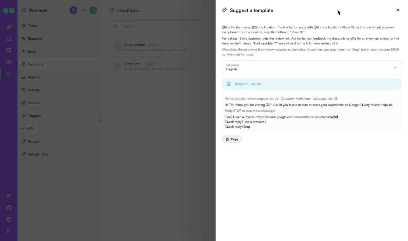 Suggest a template drawer with the English template, its Marketing category, link button and quick replies