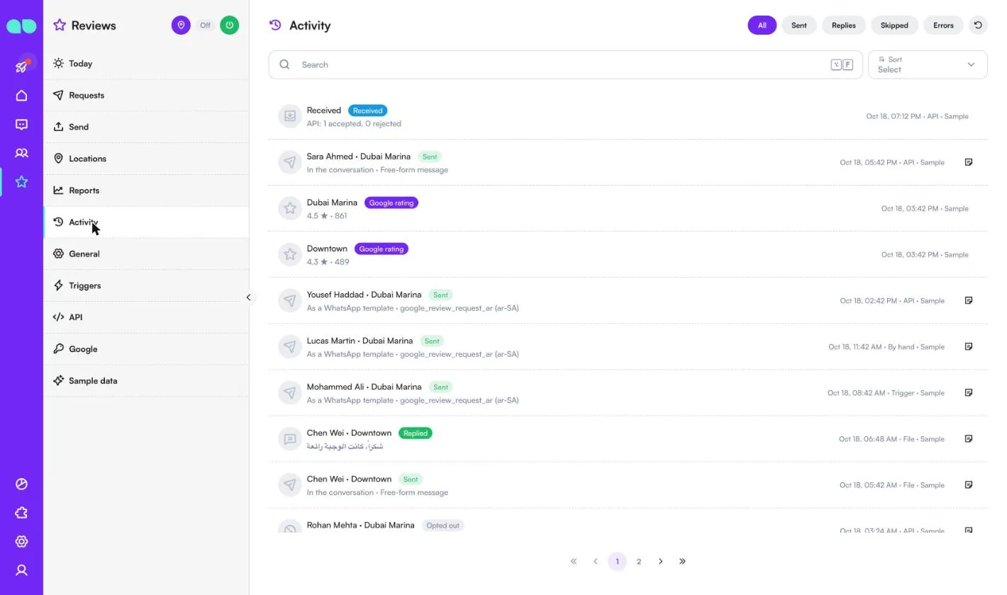 Activity log with received, sent, replied and opted out events and the daily Google ratings