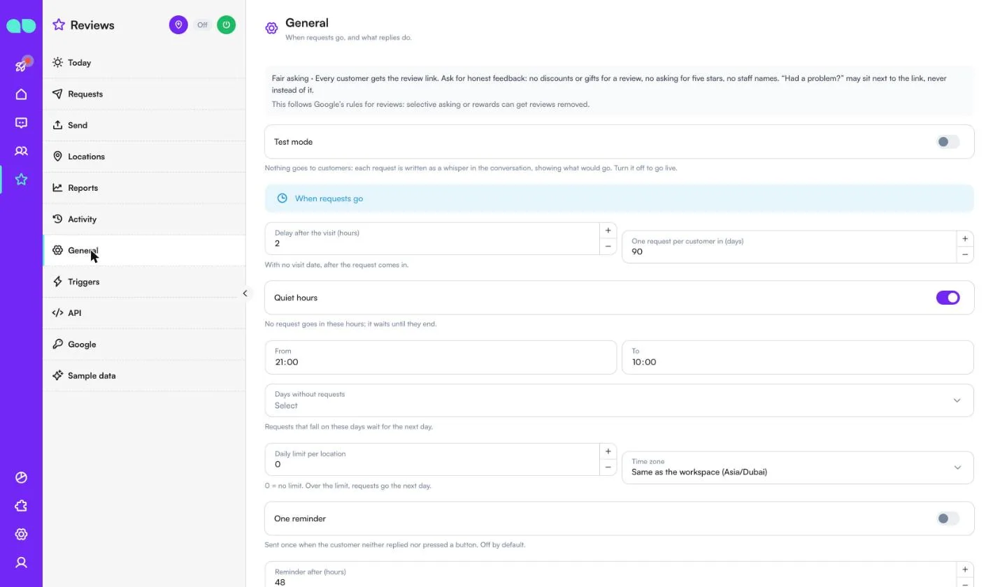 General settings with test mode, delay after the visit, one request per customer in 90 days, quiet hours, daily limit and reminder