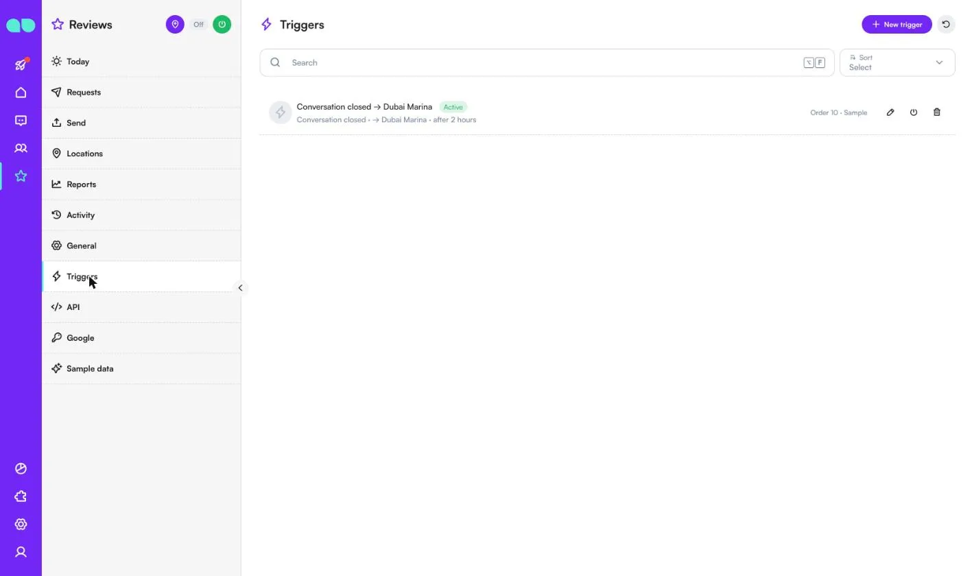 Triggers list with the sample trigger Conversation closed to Dubai Marina after 2 hours