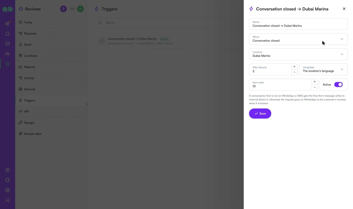 Trigger form with the name, the event Conversation closed, the location, the delay in hours, the language and Active
