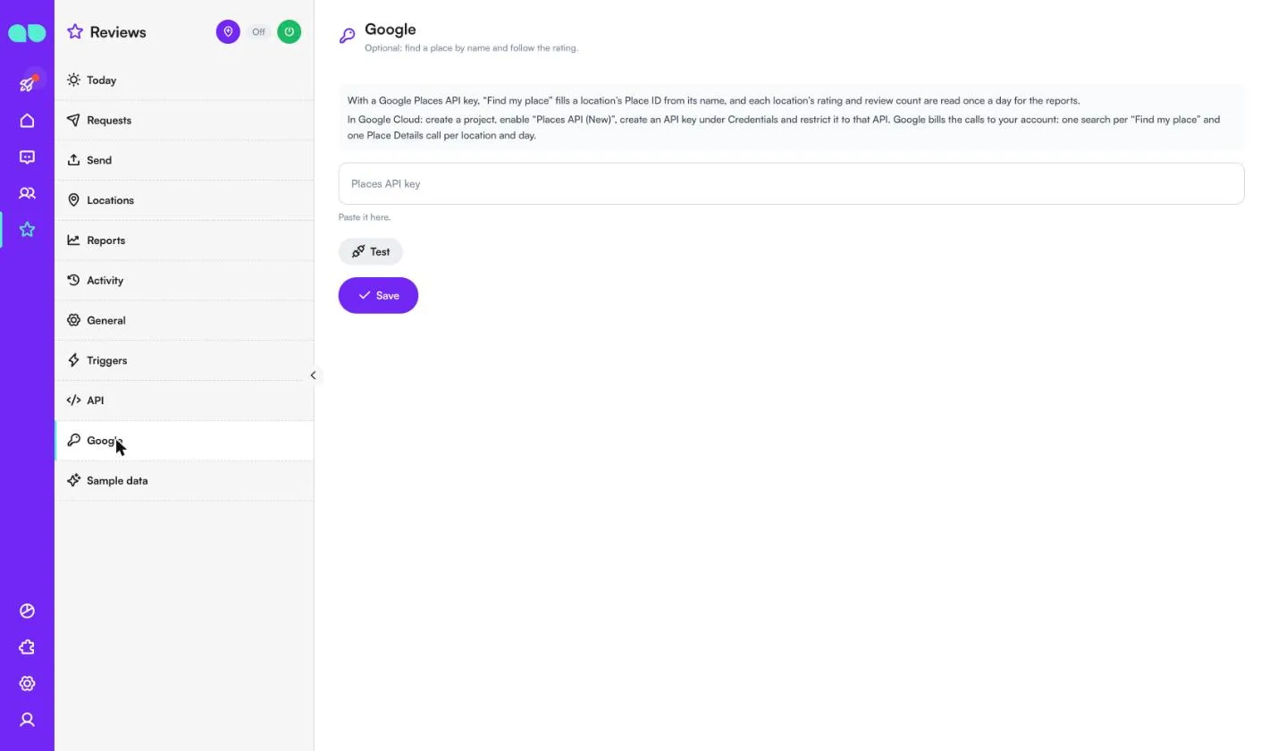 Google settings with how to create a Places API key, the key field, Test and Save
