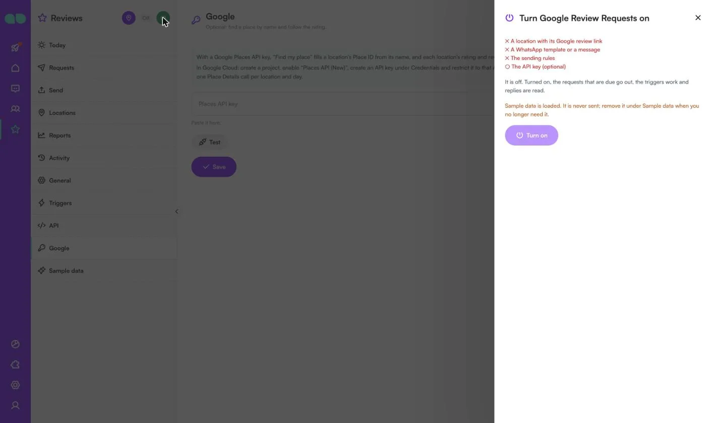 Turn Google Review Requests on drawer with the missing location, template and sending rules and the Turn on button