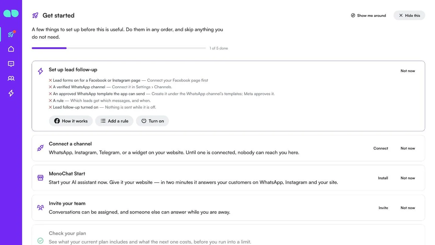 Set up lead follow-up card on the Get started tab with the five checks and the How it works, Add a rule and Turn on buttons
