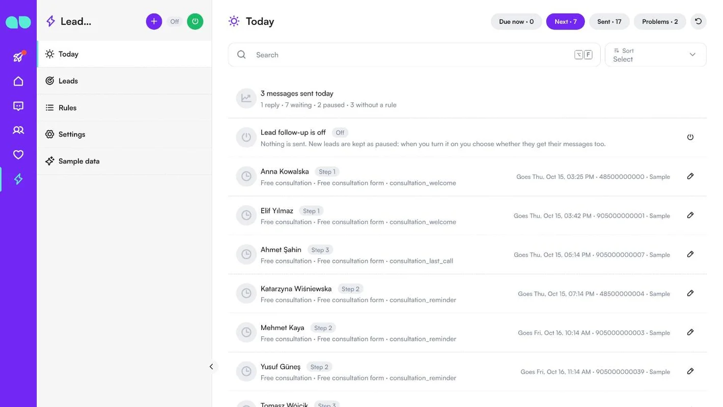 Today tab with messages sent today, the Lead follow-up is off row and the next steps of waiting leads with their templates and times