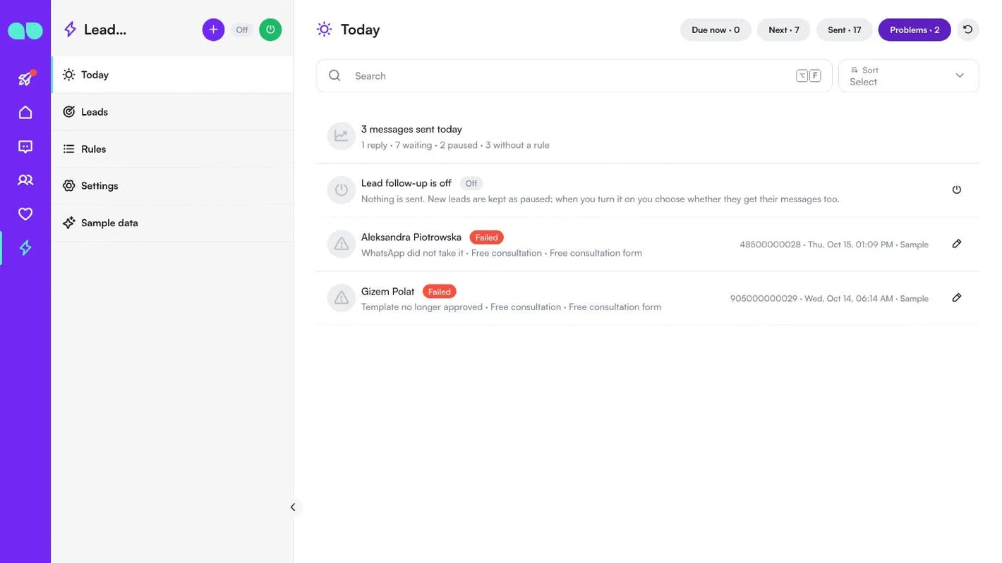 Problems tab with two failed steps: WhatsApp did not take it and Template no longer approved