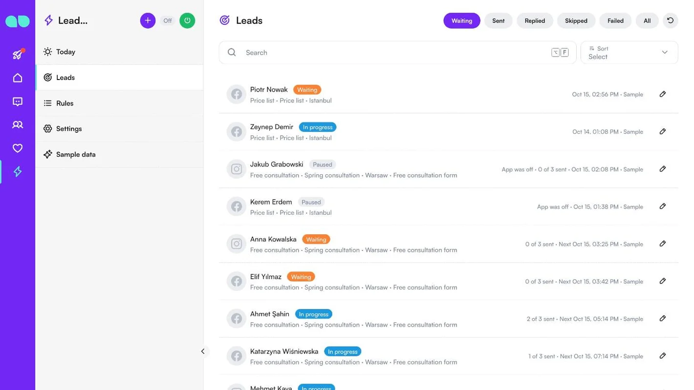Leads list with waiting, in progress and paused leads from Facebook and Instagram, their forms, ads, rules and steps sent
