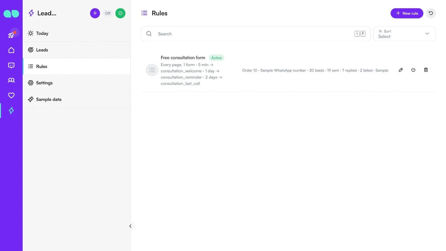 Rules list with the sample Free consultation form rule, its three steps, order, channel and counts