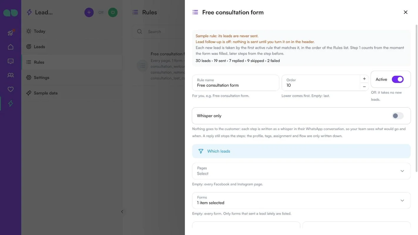 Rule form with the rule name, order, Active switch and Whisper only switch