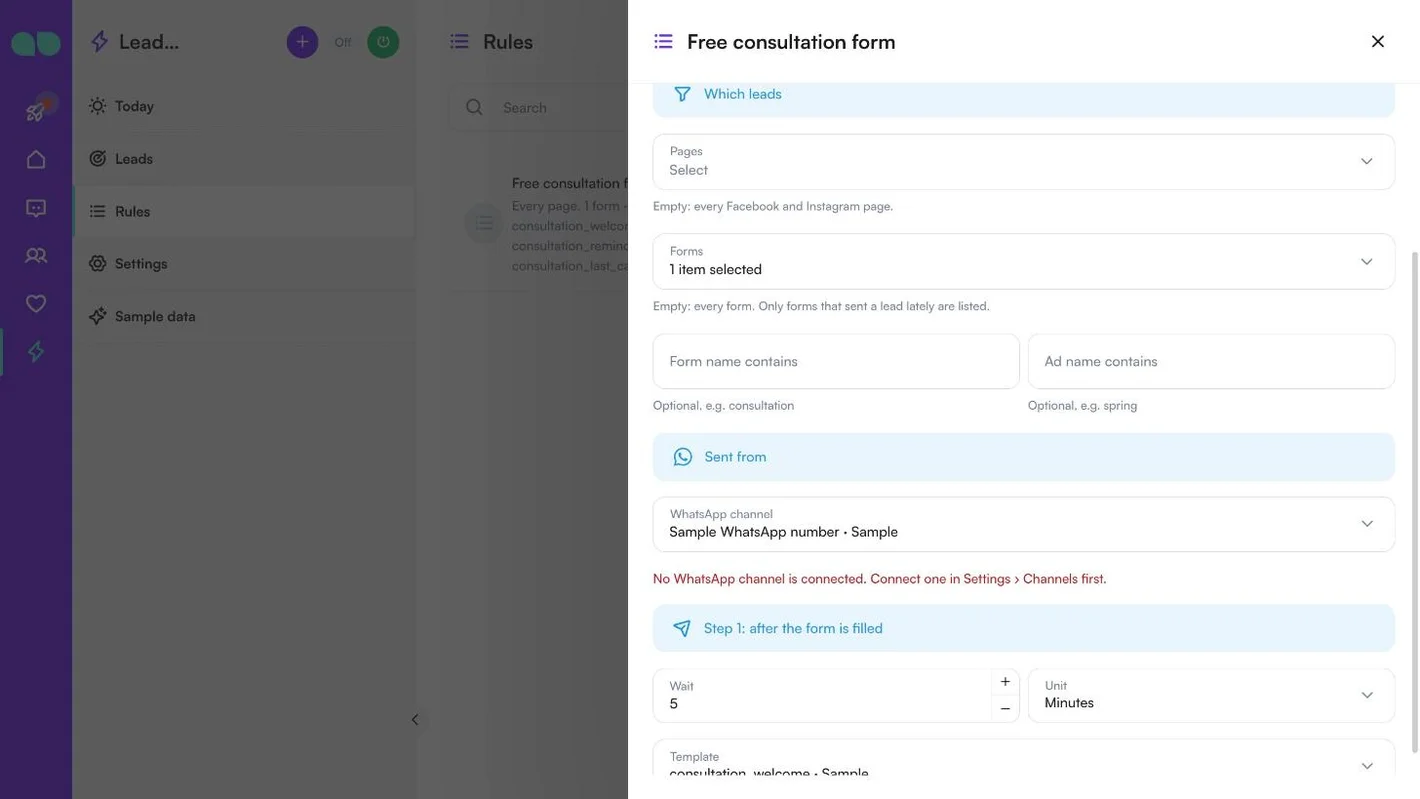 Which leads section with pages, forms, form name and ad name filters, and the WhatsApp channel the messages go from