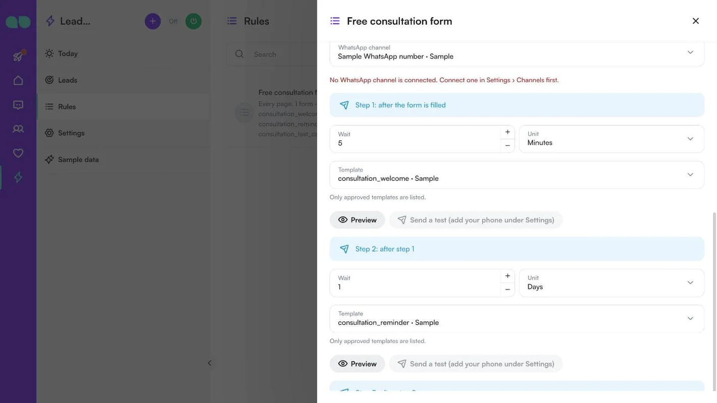Steps 1 and 2 of a rule with wait times, units, templates, Preview and Send a test