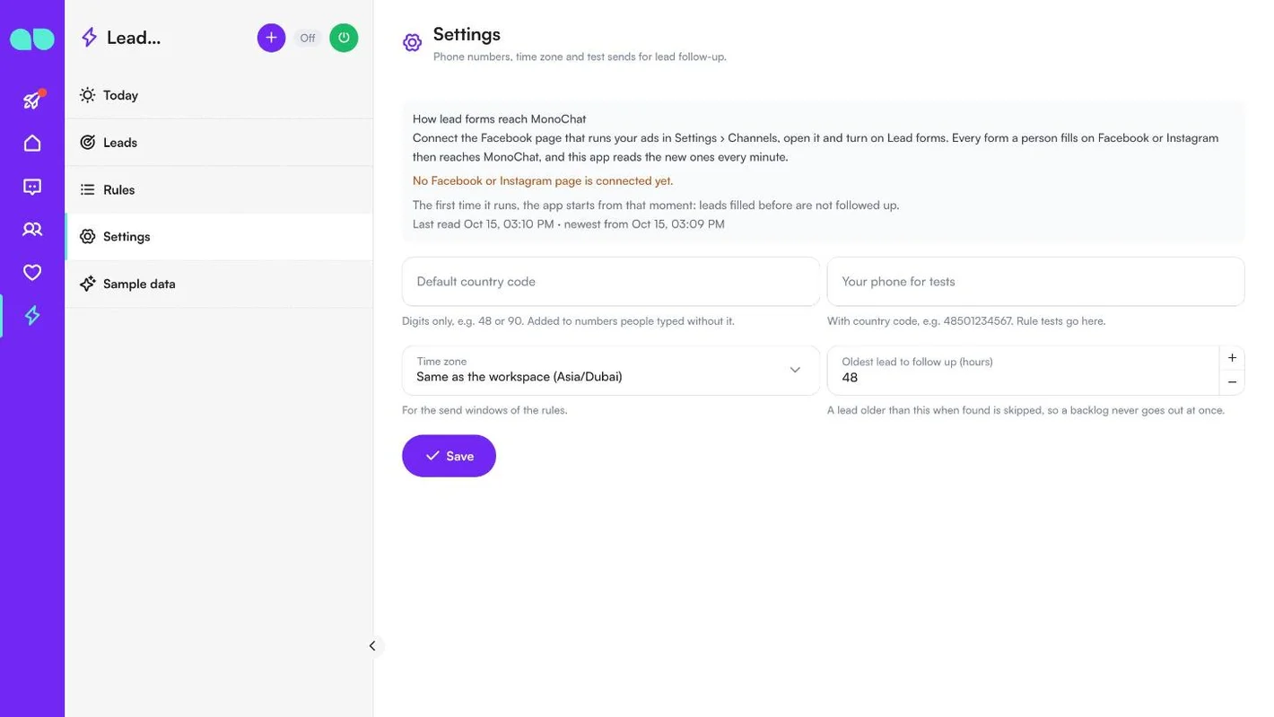 Settings with How lead forms reach MonoChat, default country code, phone for tests, time zone and oldest lead to follow up