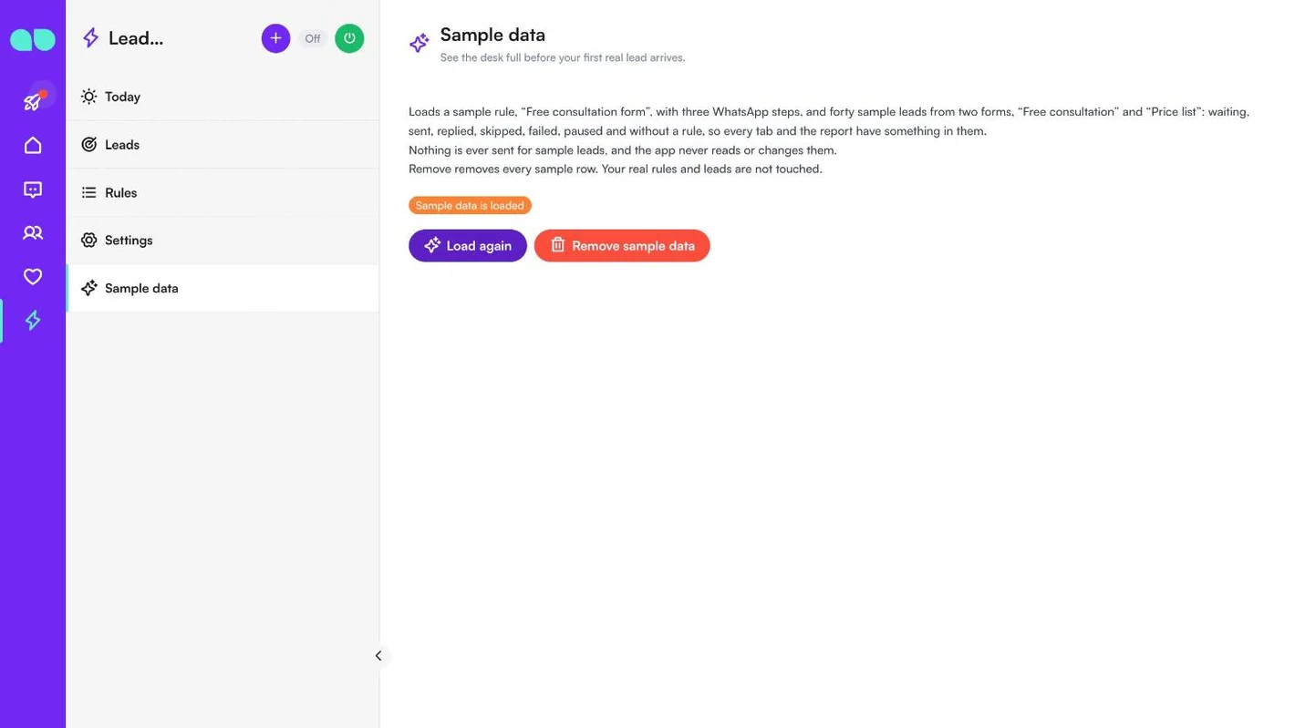 Sample data tab with the sample data loaded, Load again and Remove sample data