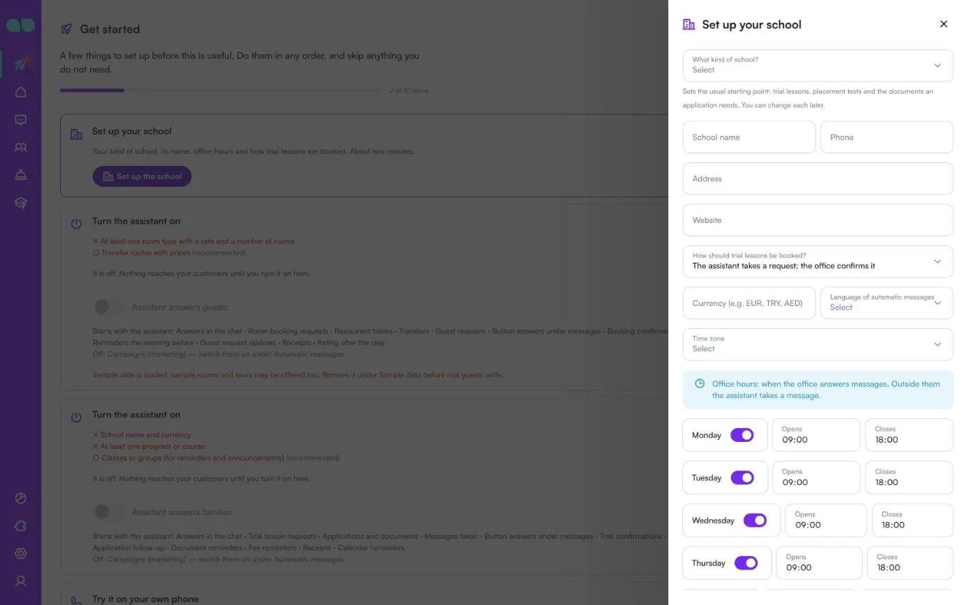Set up your school drawer with kind of school, school name, trial booking mode, currency, language and office hours