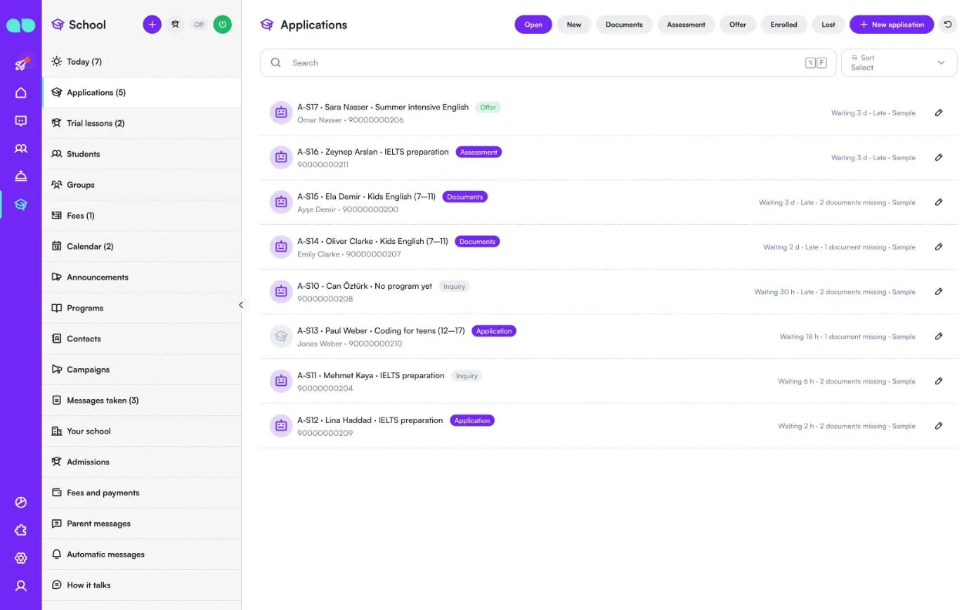 Applications list with stages from inquiry to offer, waiting time, late marks and missing documents