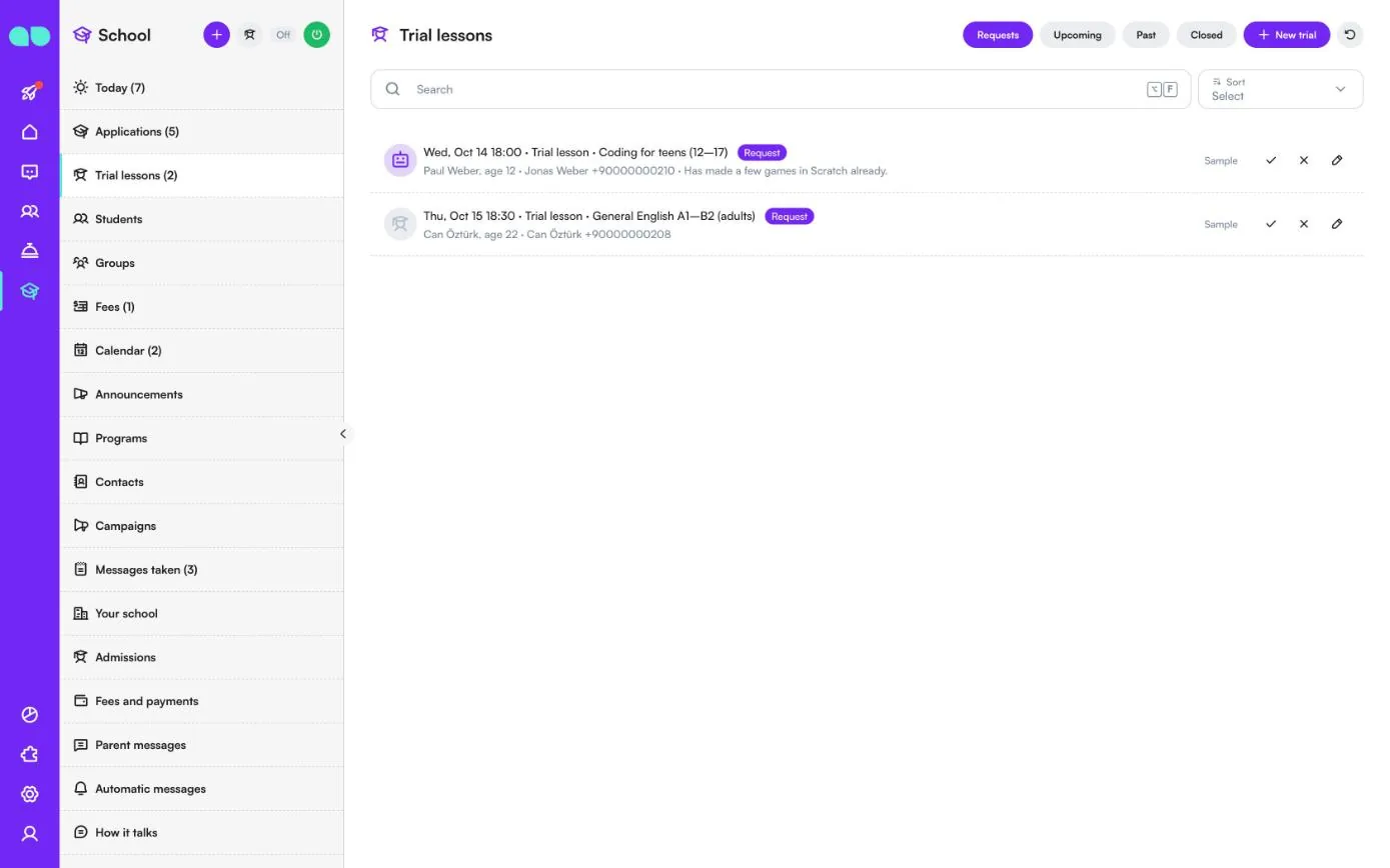 Trial lessons requests with date, program, student age, contact and confirm and decline buttons