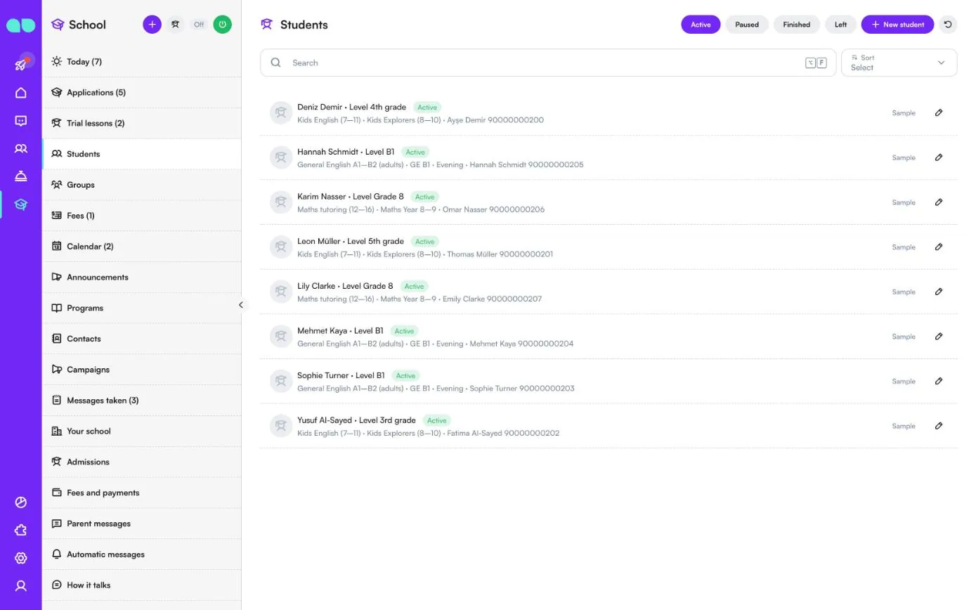 Students list with level or grade, program, group and the parent or student contact