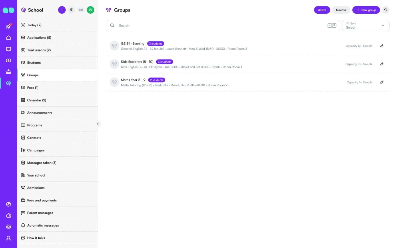 Groups list with student count, program, teacher, schedule, room and capacity