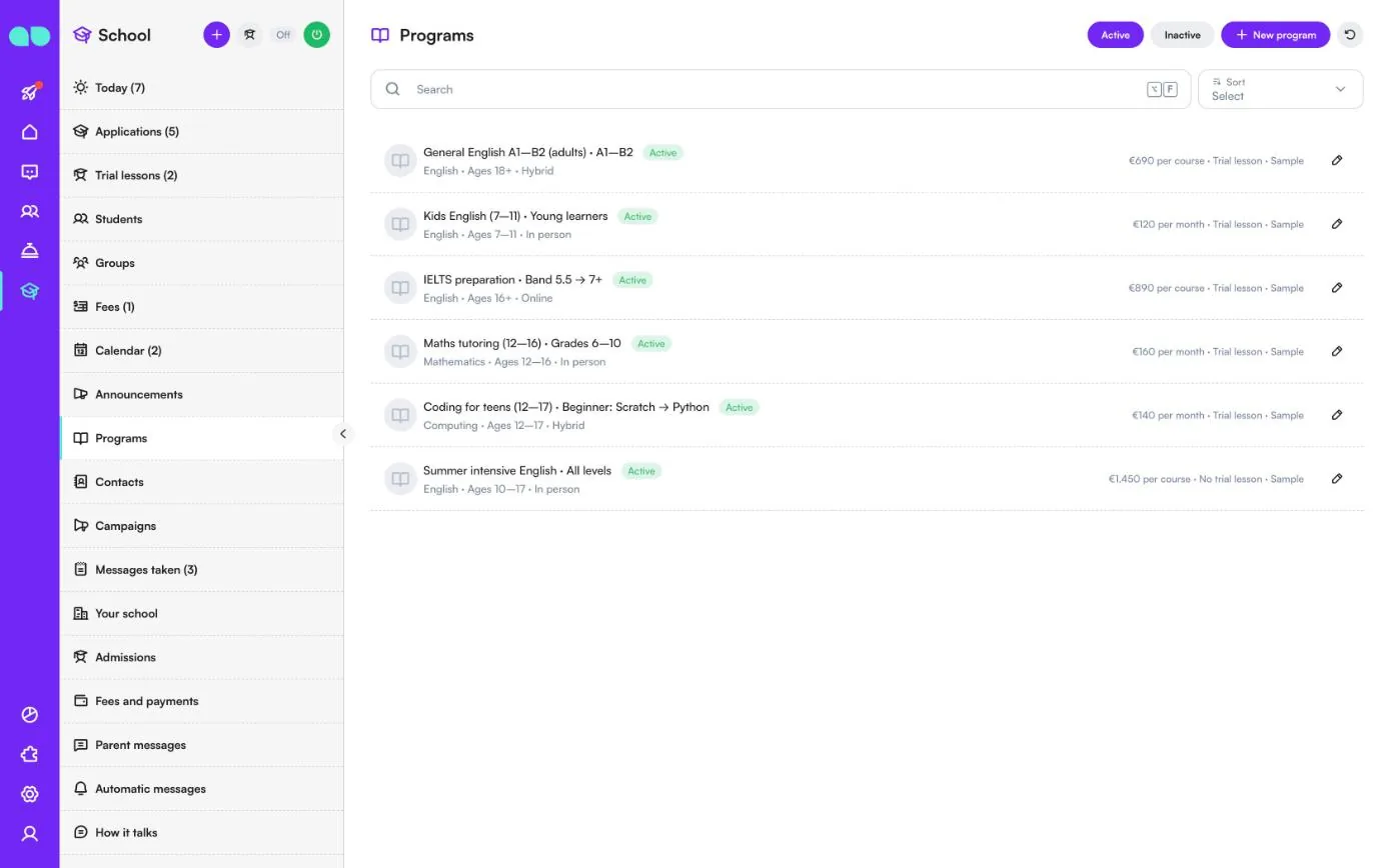 Programs list with subject, ages, format, fee per course or month and trial lesson availability