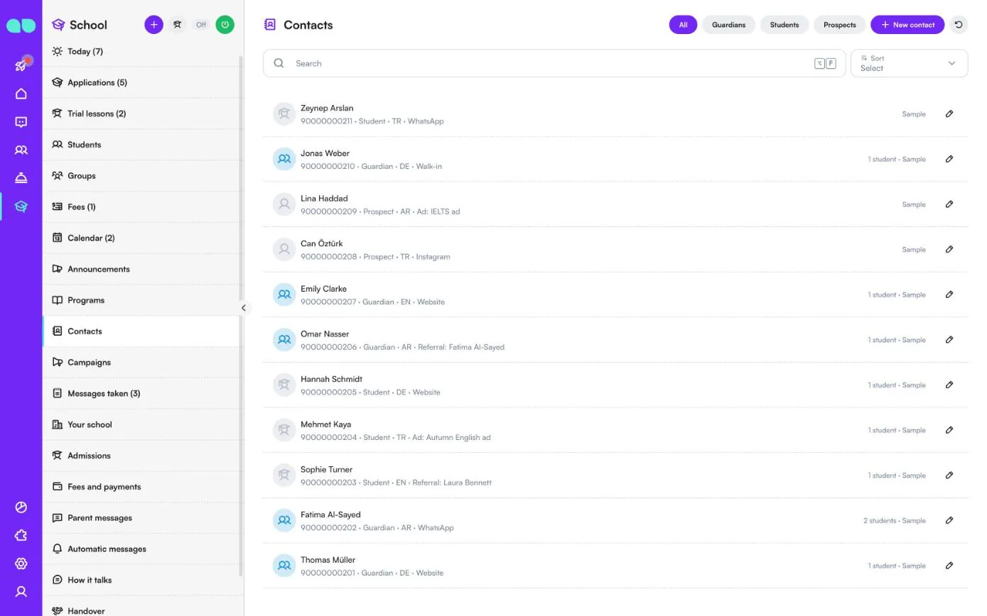 Contacts list with guardians, students and prospects, their language, source and linked students