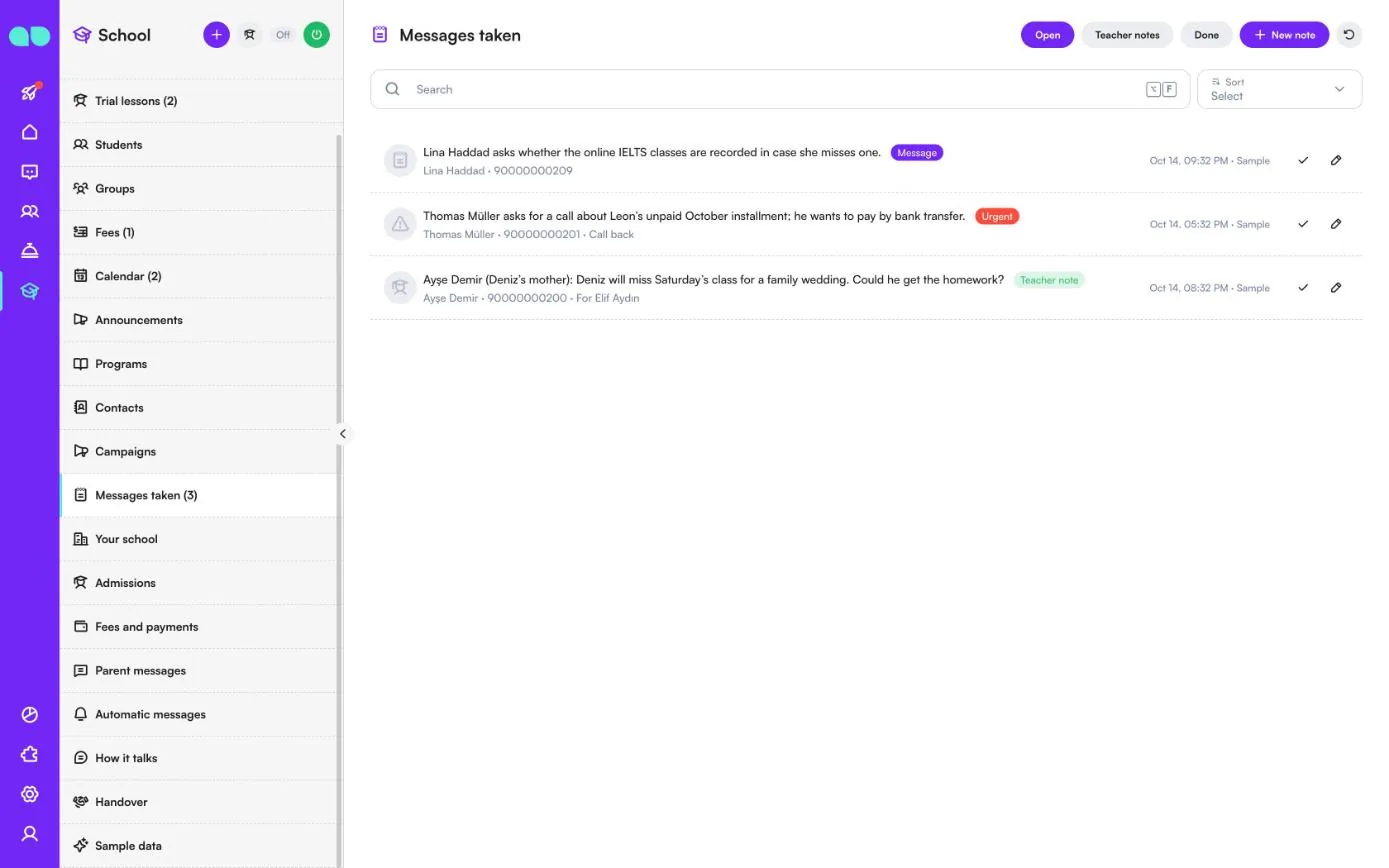 Messages taken with a question, an urgent call-back request about a fee and a teacher note