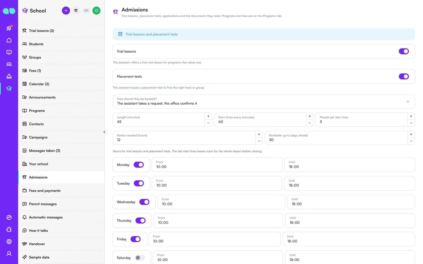 Admissions settings with trial lessons and placement tests switches, booking mode, length, start times and trial hours