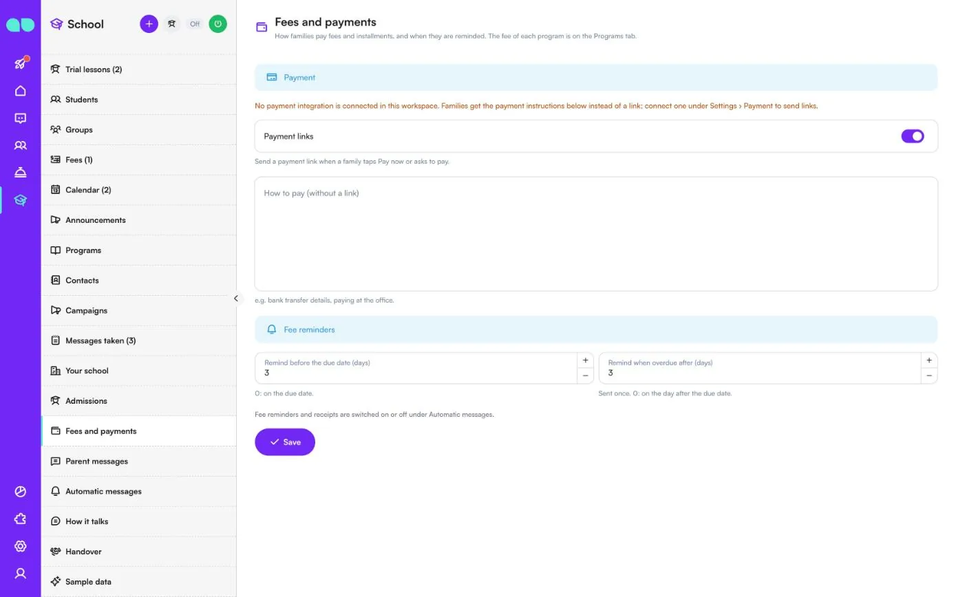 Fees and payments settings with the payment links switch, payment instructions and fee reminder days