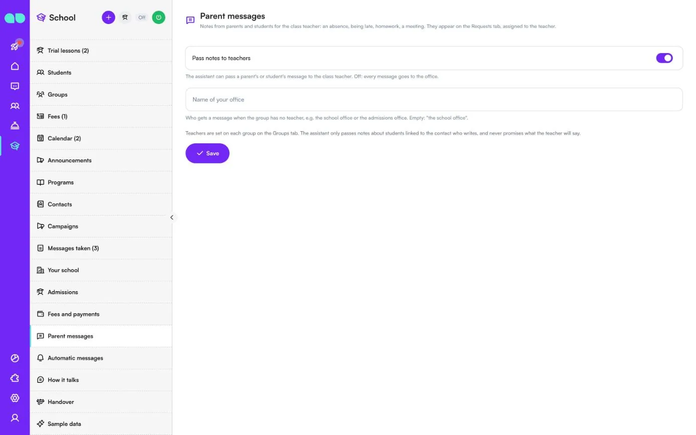 Parent messages settings with the Pass notes to teachers switch and the office name