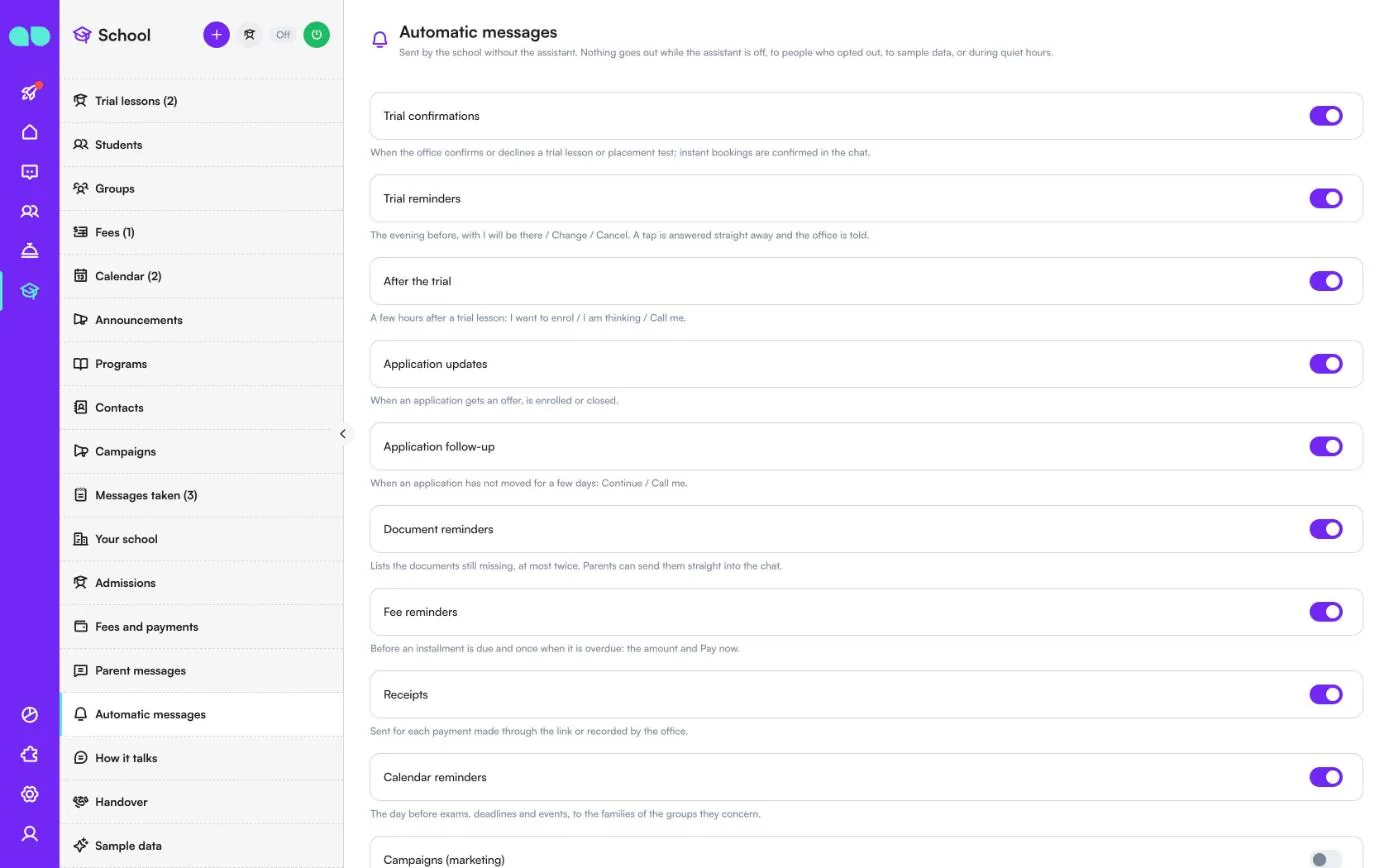 Automatic messages with switches for trial confirmations, reminders, application updates, document and fee reminders, receipts and calendar reminders