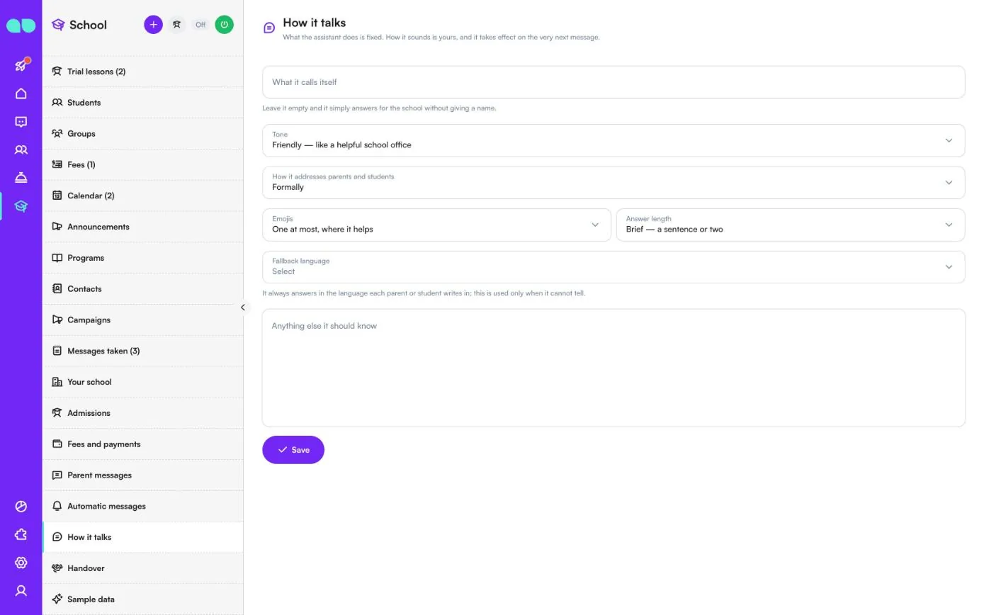 How it talks settings with name, tone, form of address, emojis, answer length and fallback language
