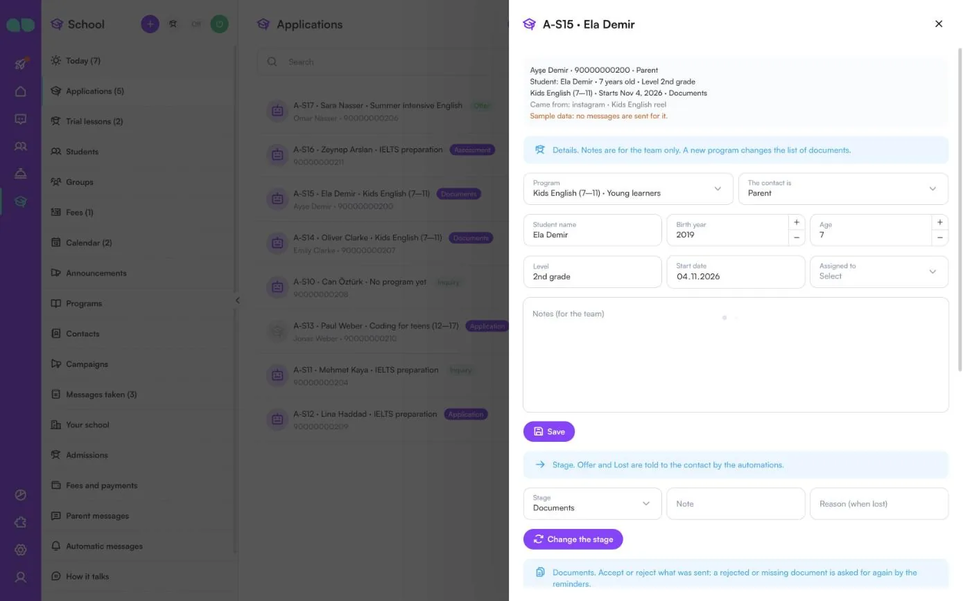 Application drawer with contact, student details, program, start date, assigned staff and the stage section
