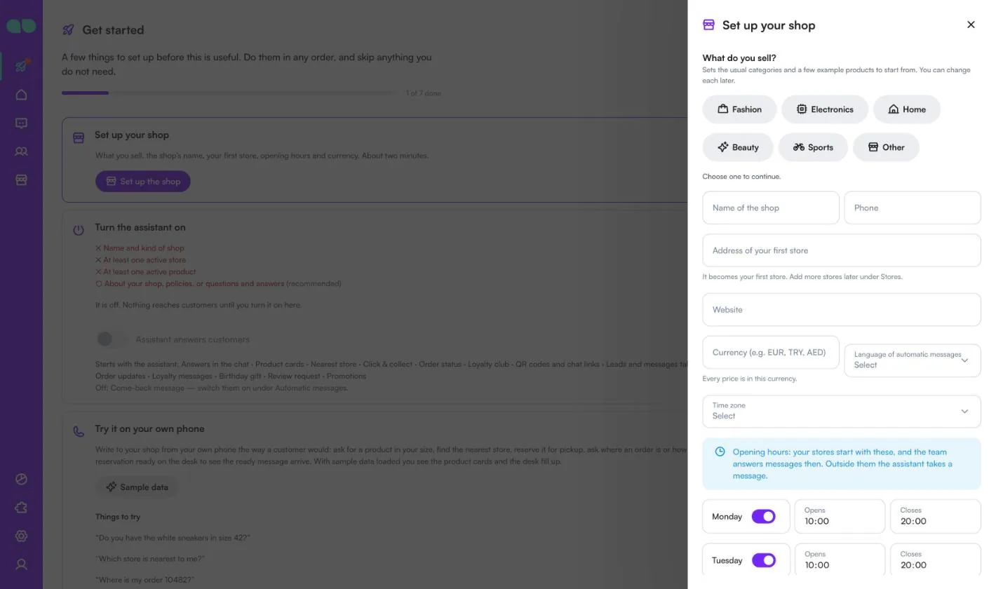 Set up your shop form with What do you sell choices, shop name, first store address, currency, language, time zone and opening hours