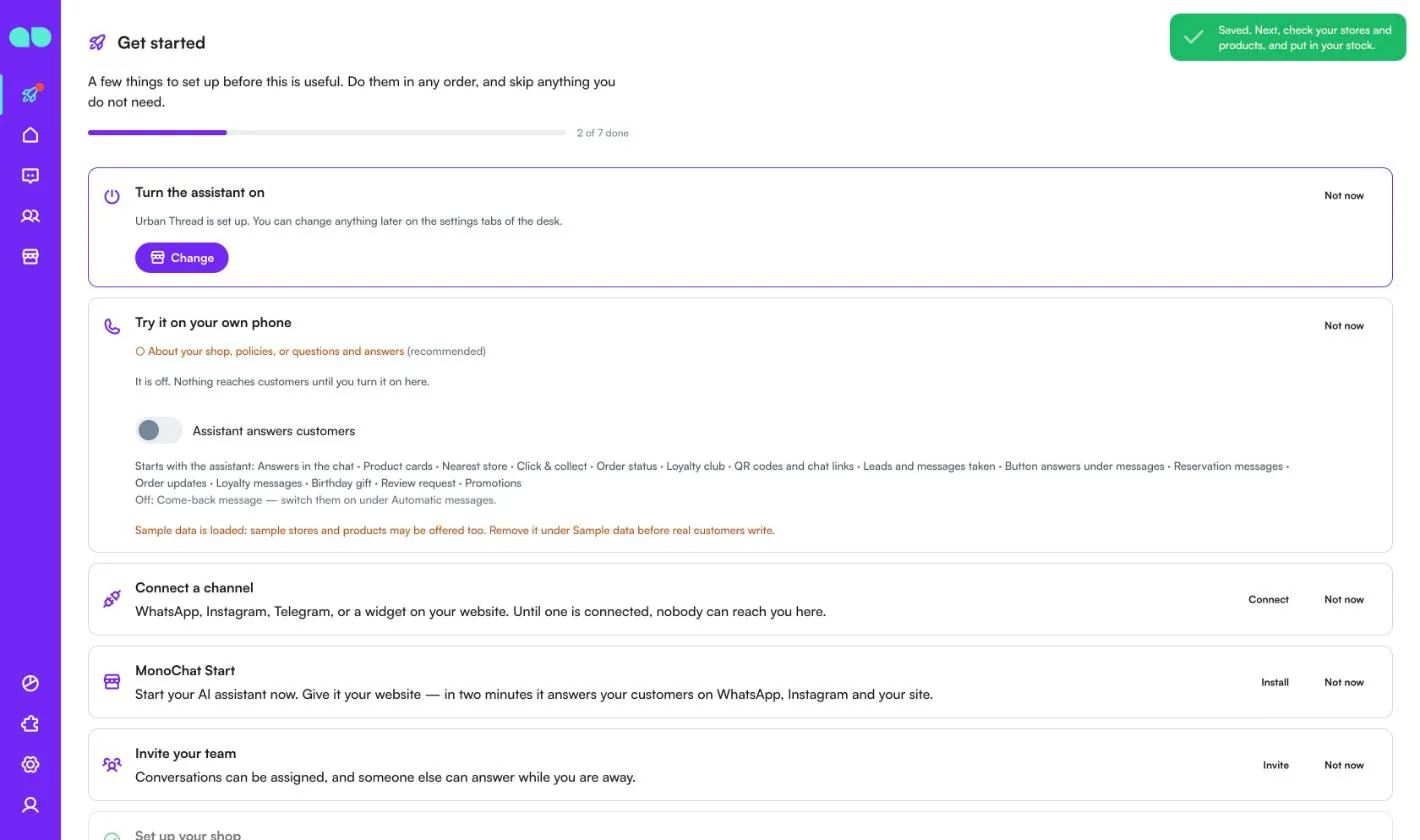 Get started tab after setup, with the shop set up, the assistant switch, the list of what starts with it and the sample data warning