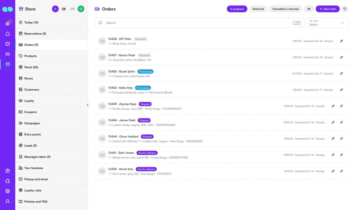 Orders list in progress with statuses Received, Processing, Shipped and Out for delivery, carriers and expected dates