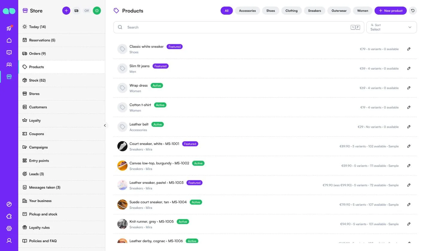 Products list with category filters, Featured and Active badges, prices, variants and available stock