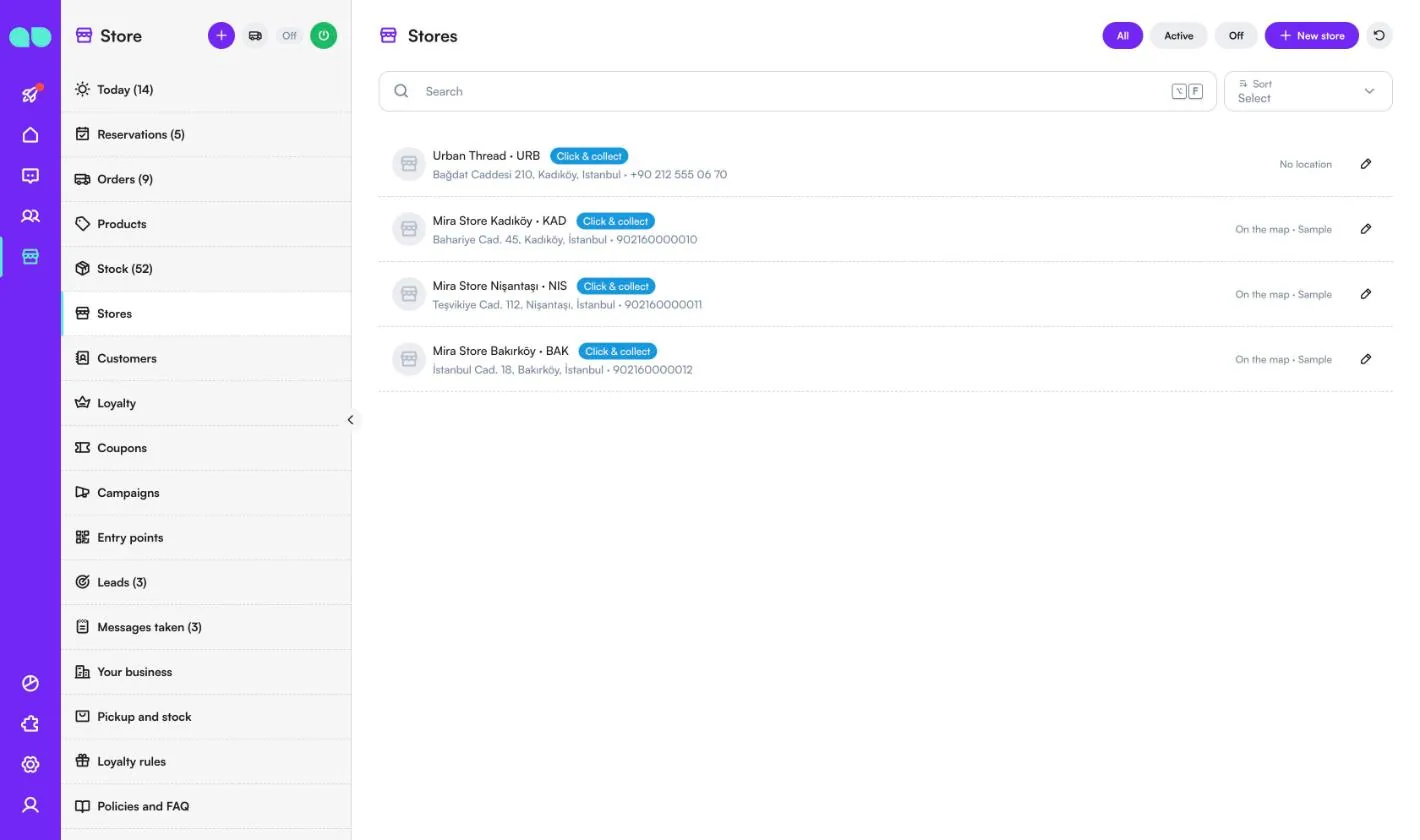Stores list with four stores, their codes, addresses and phones, Click and collect badges and map status