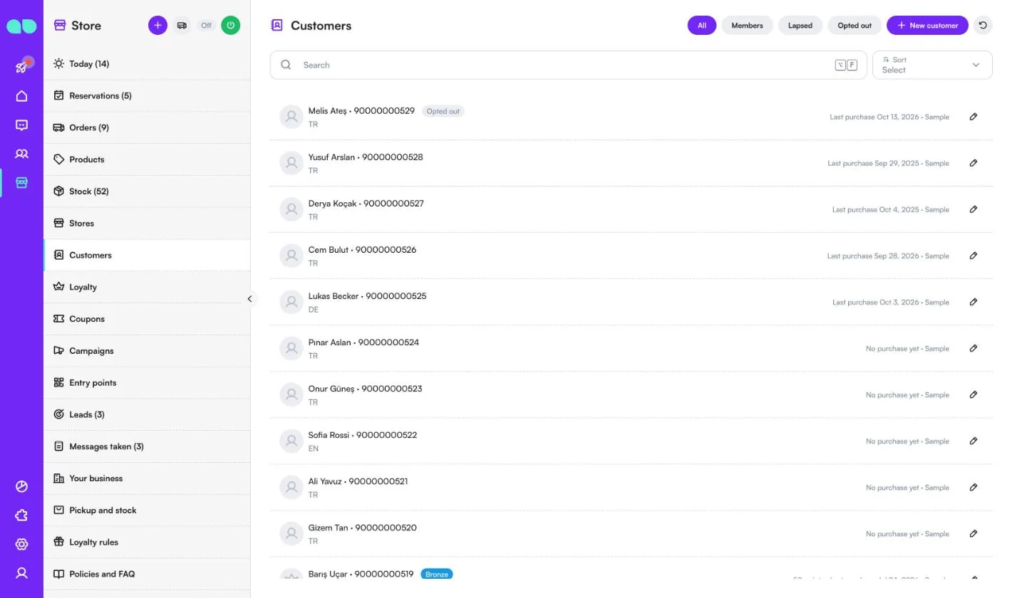 Customers list with phone numbers, languages, last purchase dates and an Opted out badge