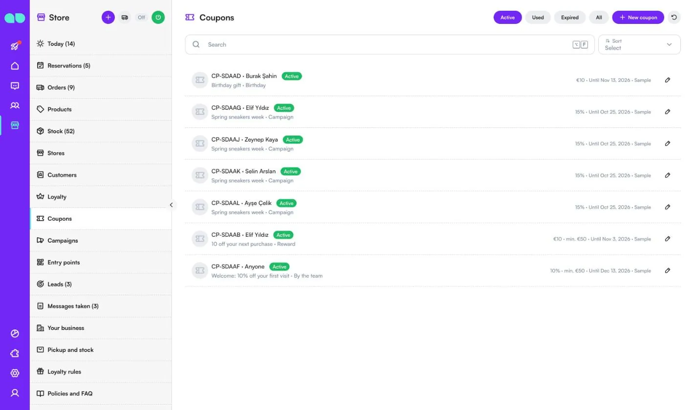 Active coupons list with birthday, campaign, reward and team coupons, values, minimum spend and end dates