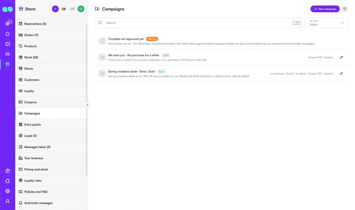 Campaigns list with a template waiting for approval, a draft come-back campaign and a sent campaign with replies and coupon
