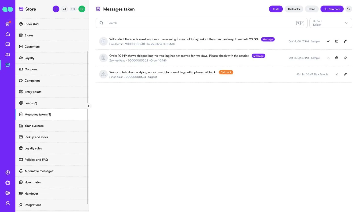 Messages taken to do, with a pickup change, a tracking question and an urgent call back request