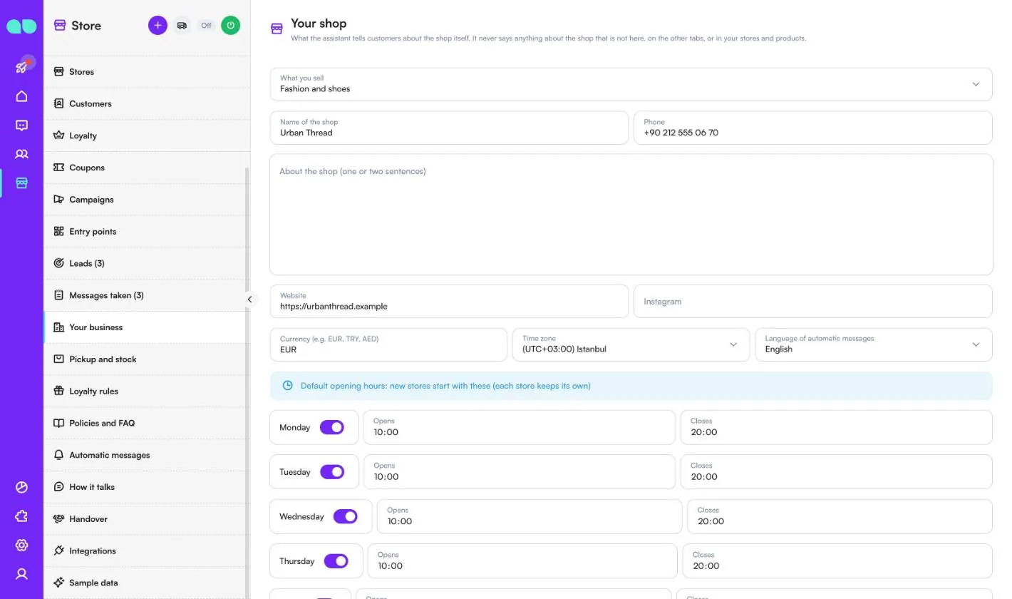 Your shop settings with what you sell, shop name, phone, website, currency, time zone and default opening hours