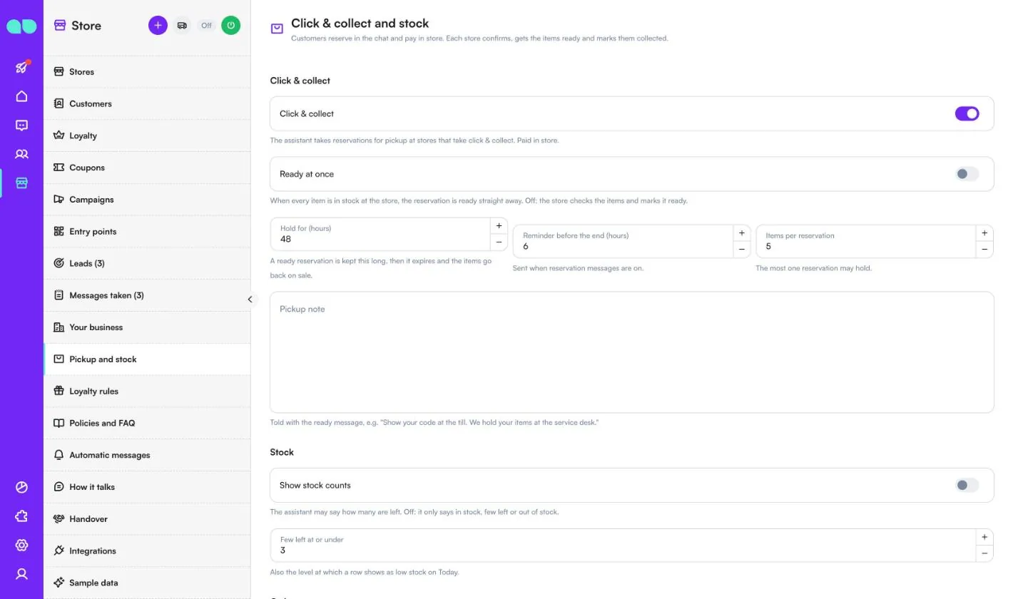 Click and collect and stock settings with hold time, reminder, items per reservation, pickup note, stock counts and few left level