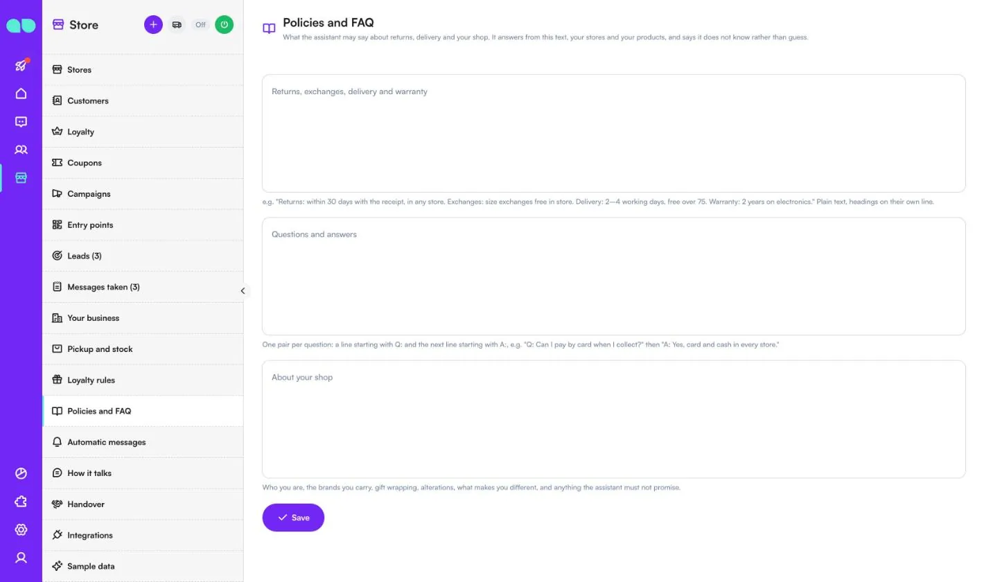 Policies and FAQ settings with returns and delivery text, questions and answers and about your shop