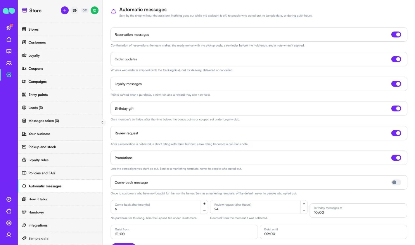 Automatic messages with switches for reservation, order, loyalty, birthday, review, promotions and come-back messages and quiet hours