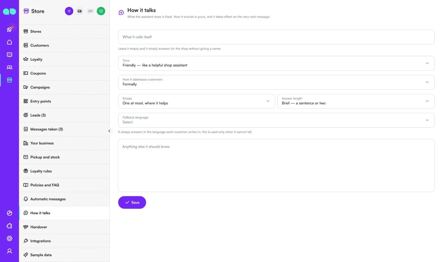 How it talks settings with name, tone, how it addresses customers, emojis, answer length and fallback language