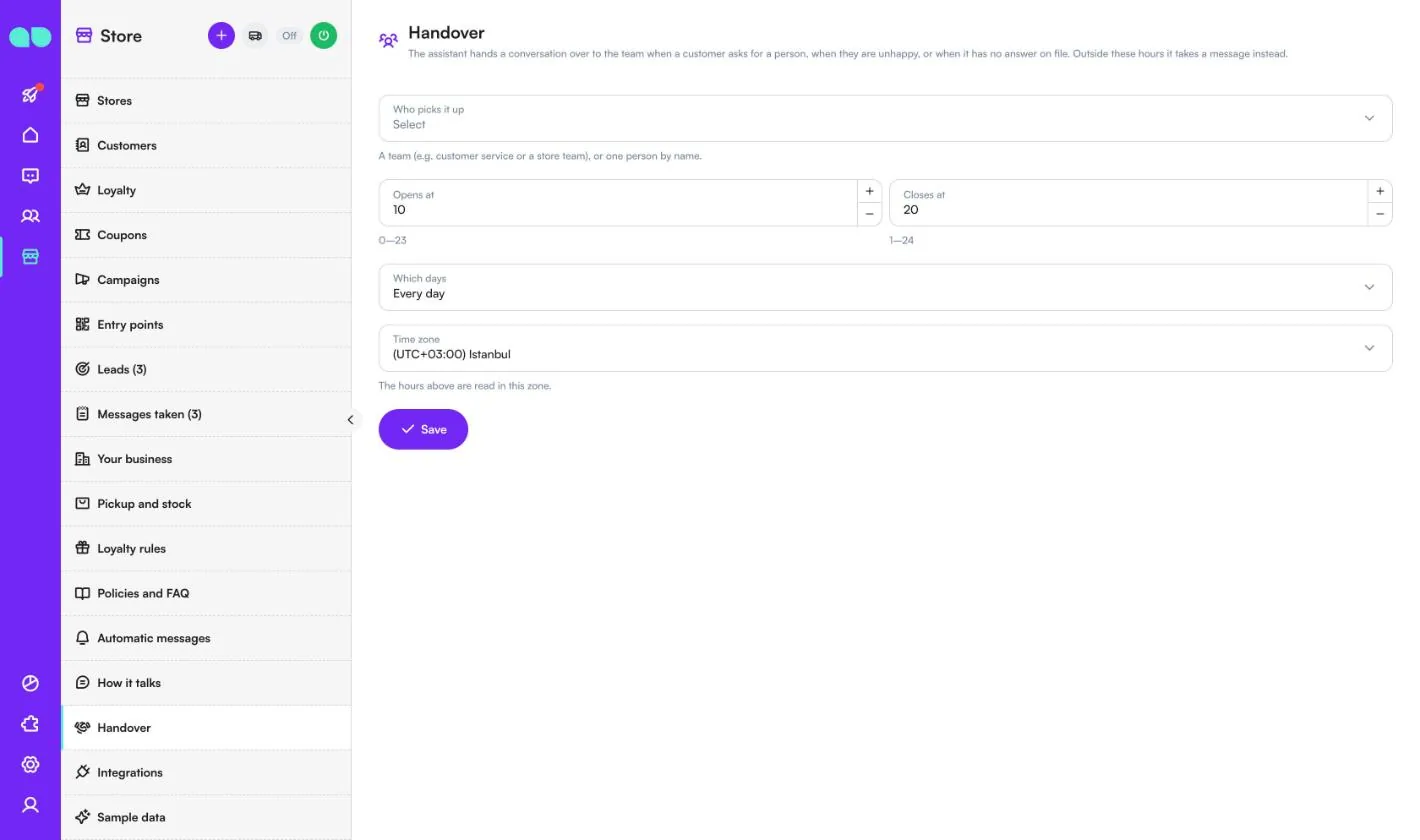 Handover settings with who picks it up, opening and closing hours, days and time zone