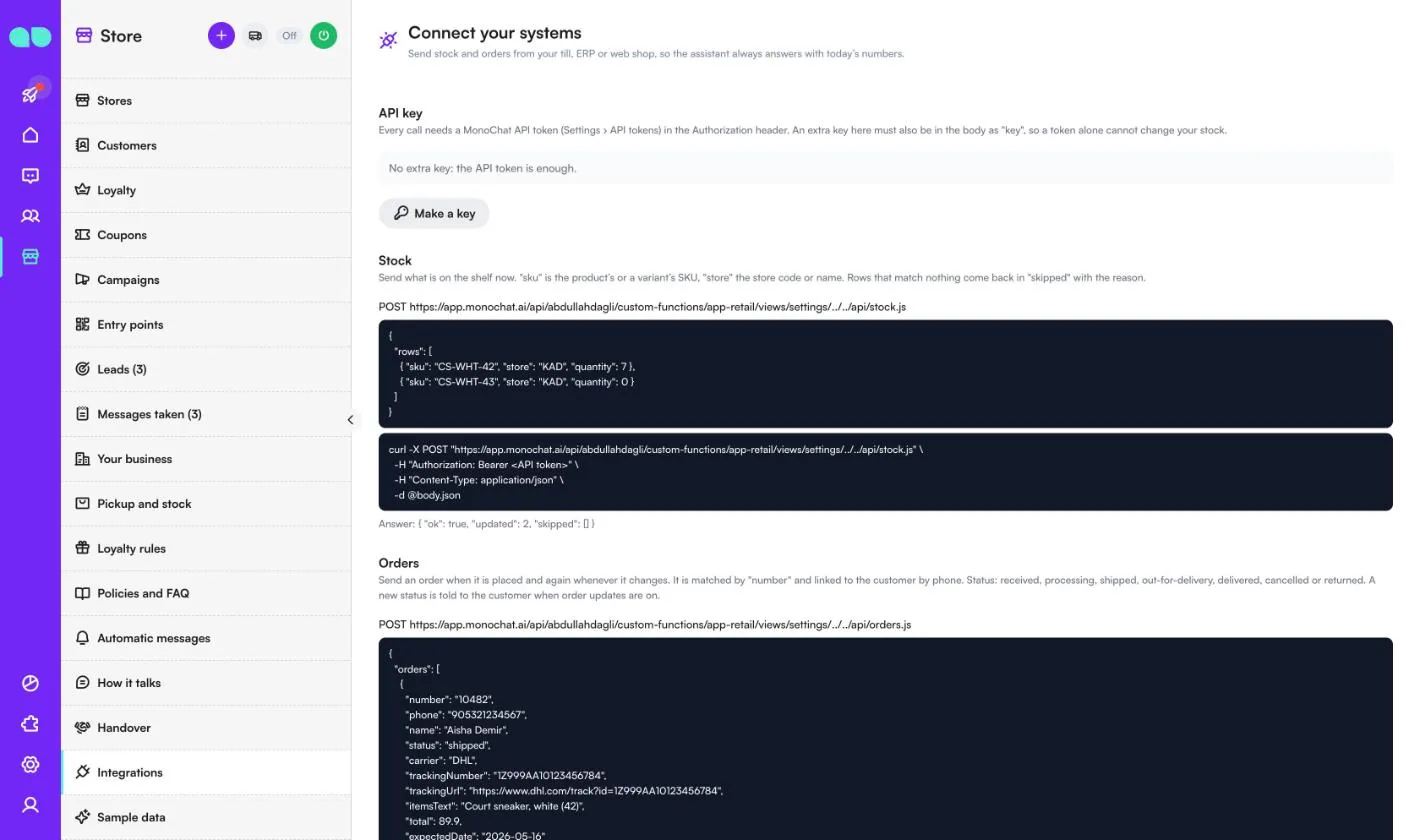 Connect your systems screen with the API key, stock endpoint and orders endpoint with example requests
